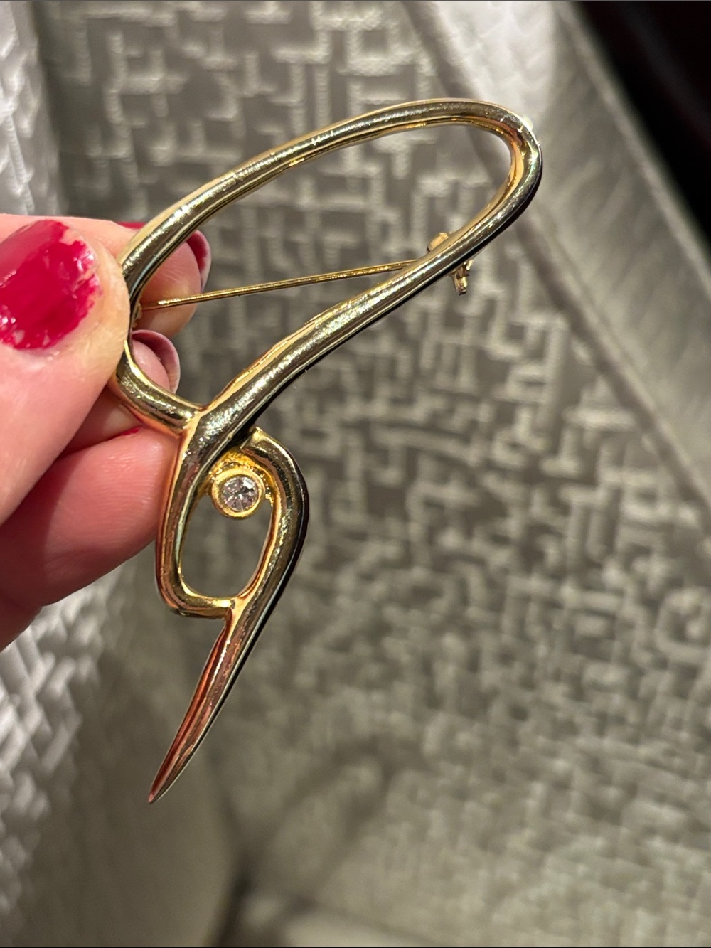 Gold Abstract Loop Brooch with Clear Stone